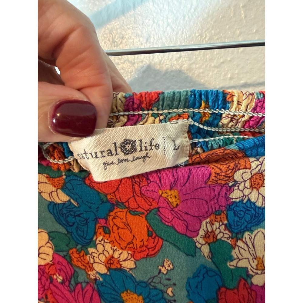 Natural Life Floral Smocked Waist Midi Skirt Teal Pink Blue Boho Festival Large - Picture 3 of 4